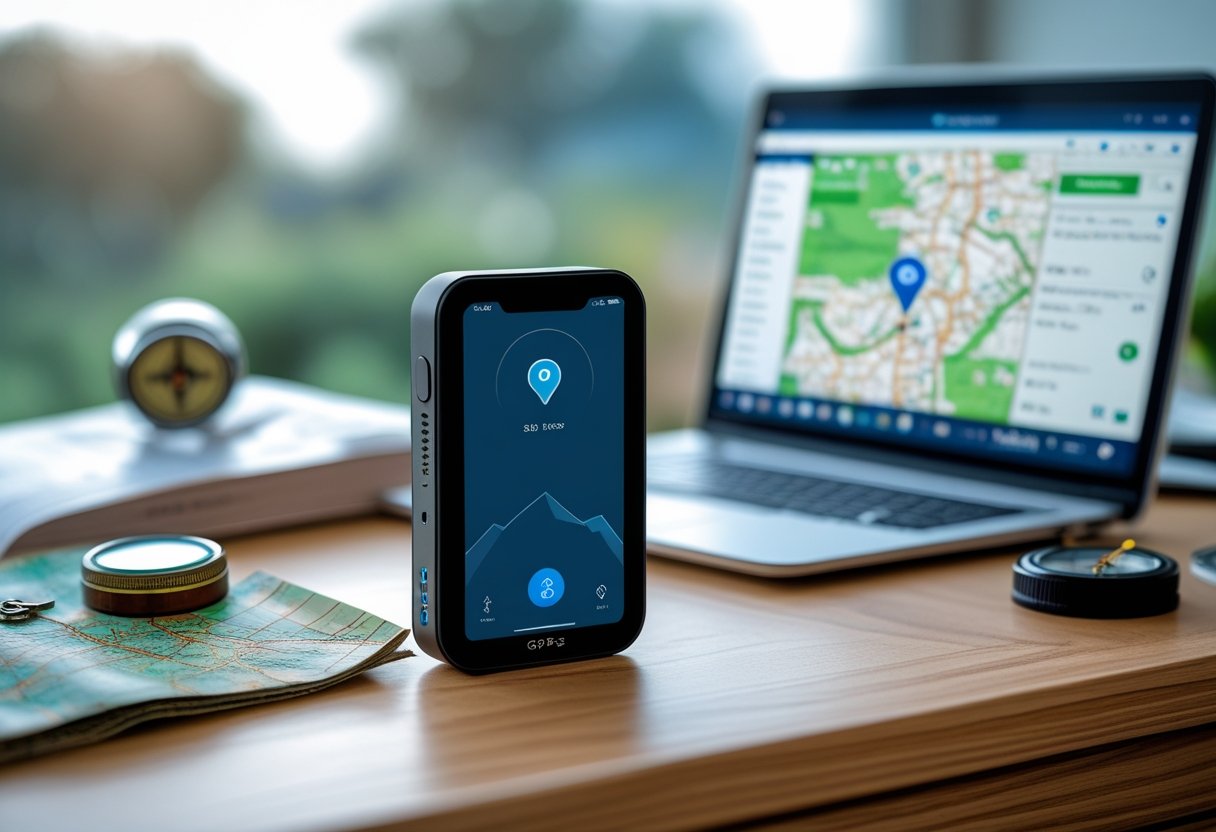 A GPS tracker device on a wooden desk next to a smartphone showing a map with a location pin, surrounded by a compass, a folded map, and a laptop displaying a digital map.