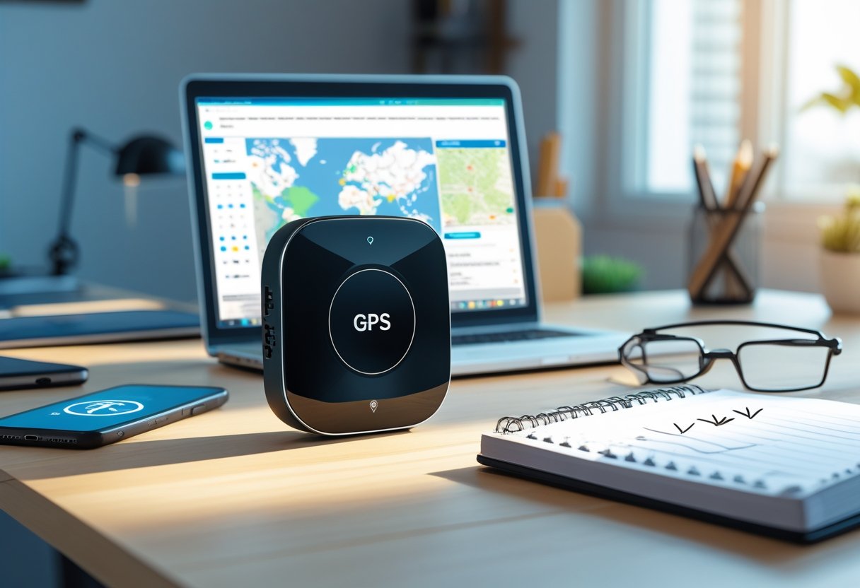 A GPS tracker device on a desk surrounded by a laptop with a map, a smartphone showing location, a notebook with notes, and glasses.