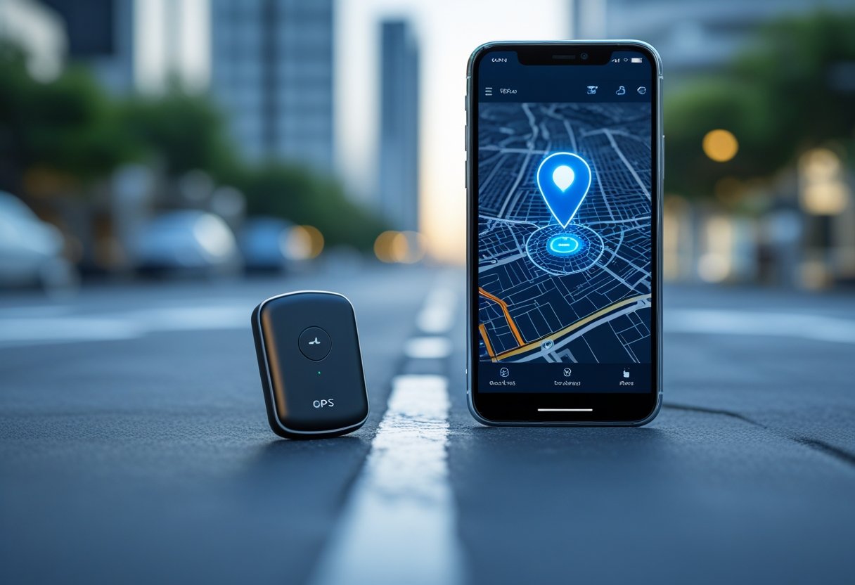 A smartphone showing a digital map with a glowing location pin and a small GPS tracking device nearby on a table.
