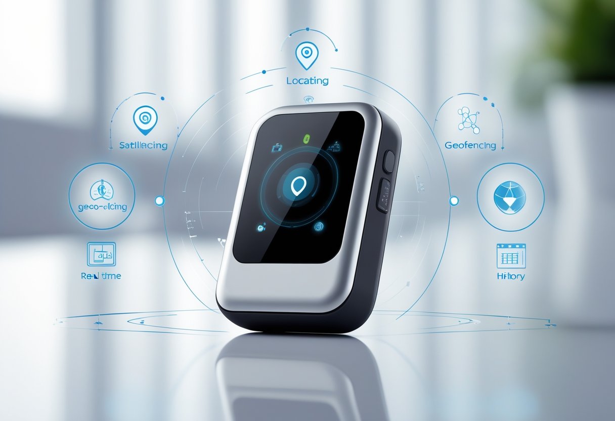 A modern GPS tracker device on a white surface with digital icons representing location tracking and satellite connectivity around it.