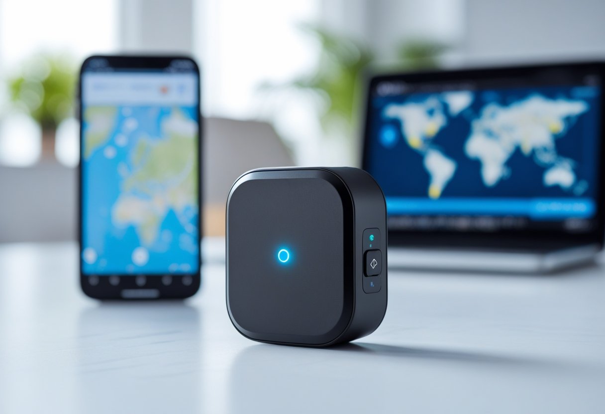 A GPS location tracker device on a white surface with a smartphone showing a map and a laptop displaying tracking software in the background.