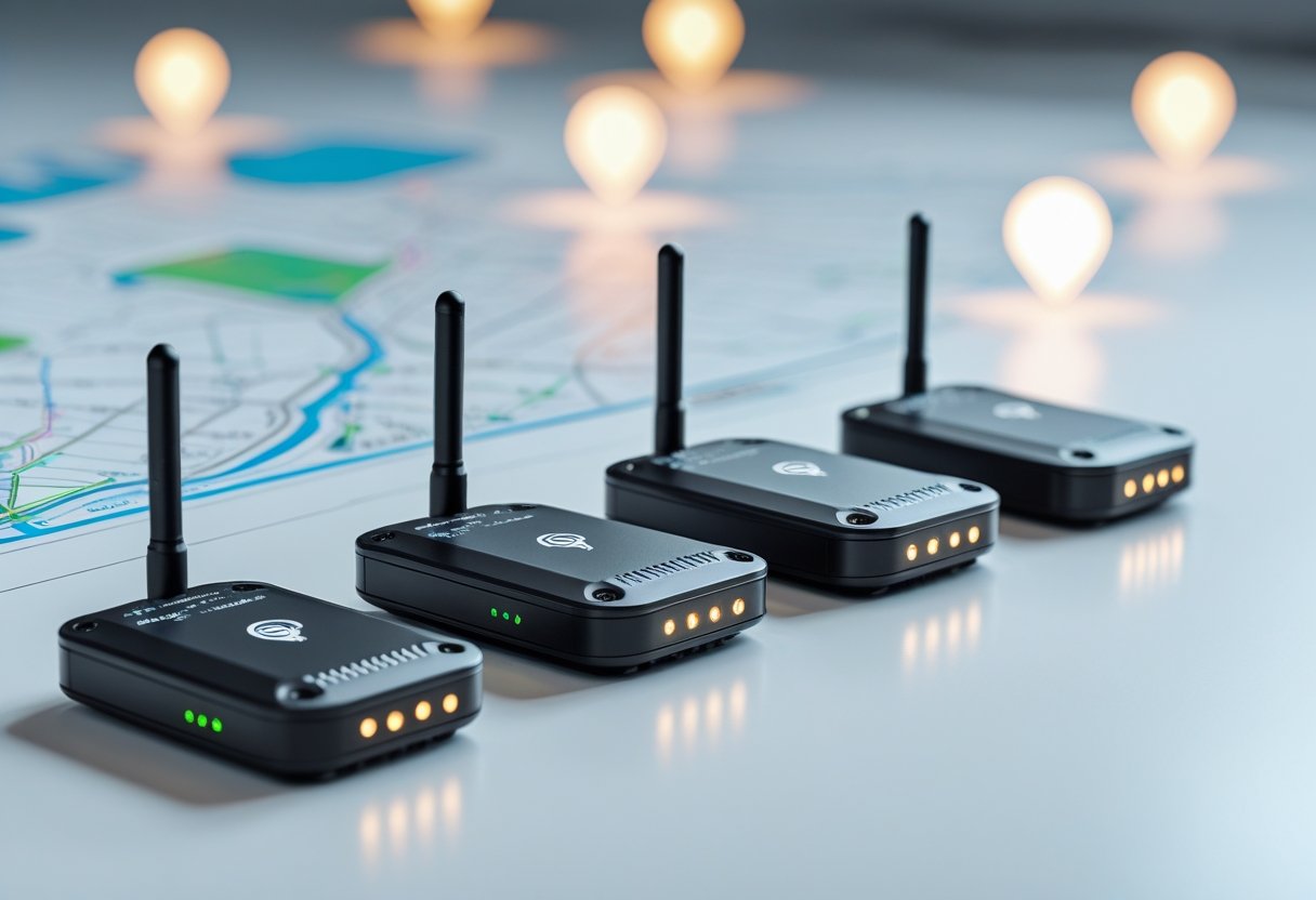 Close-up of several small GPS tracking tags on a white surface with digital map overlays and location pins in the background.