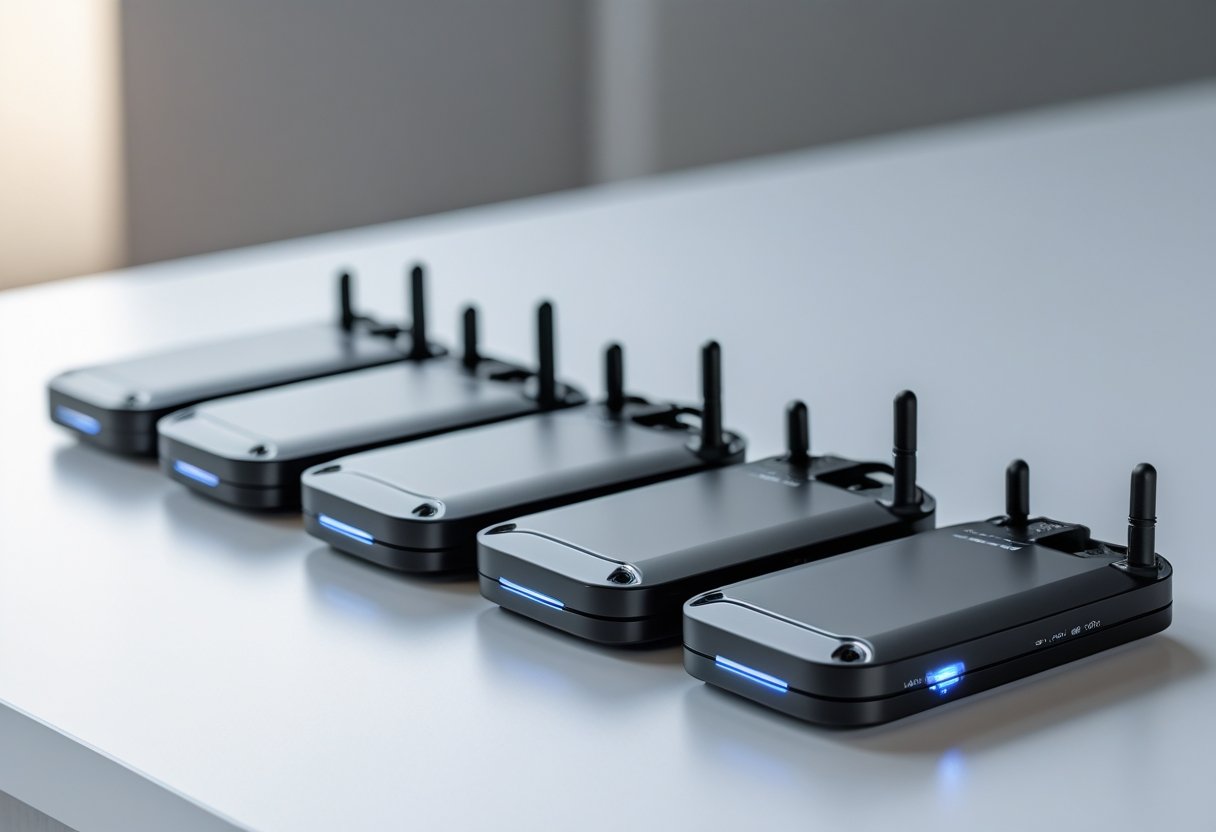 Close-up of several modern GPS tracking tags on a white surface.