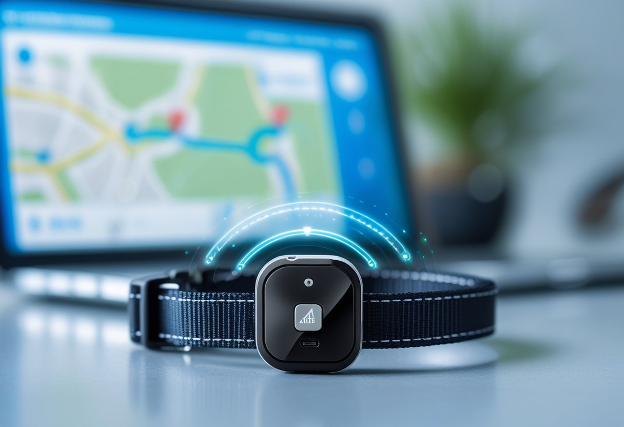 Close-up of a GPS tracking tag on a pet collar with a digital map showing location pins and routes in the background.