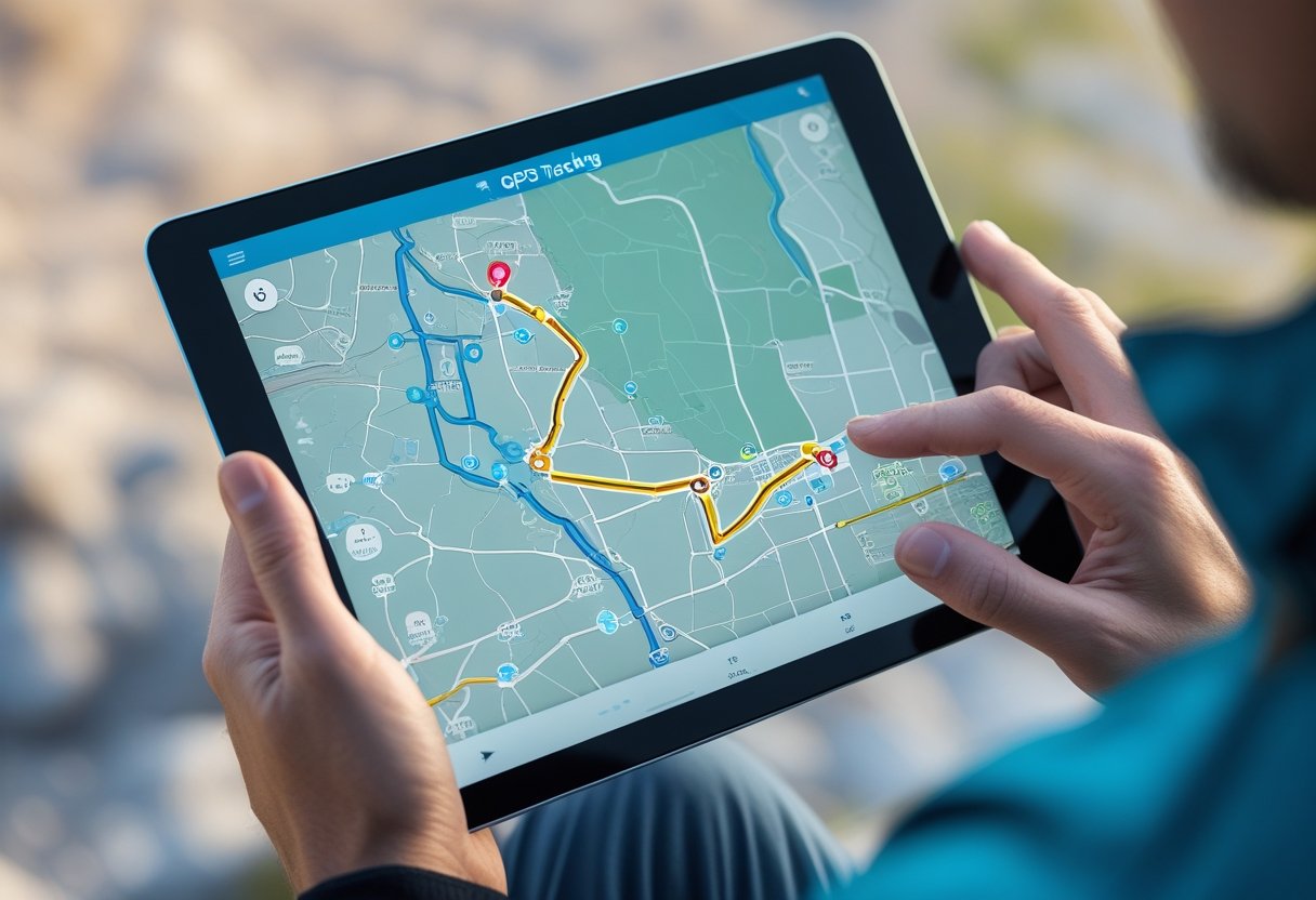 A person holding a tablet showing a digital map with a GPS track path and waypoints.