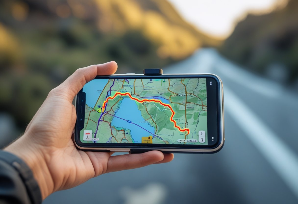 A hand holding a smartphone showing a GPS map with a highlighted route on the screen.