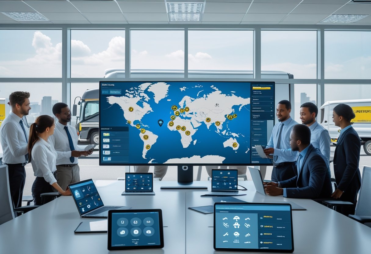 Logistics professionals monitoring a large digital map with vehicle icons in a bright office, with delivery trucks visible outside city windows.