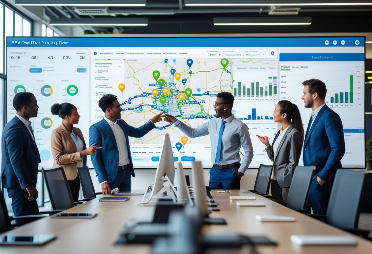 A team of professionals in an office reviewing a large screen showing a map with vehicle locations and routes for fleet tracking.