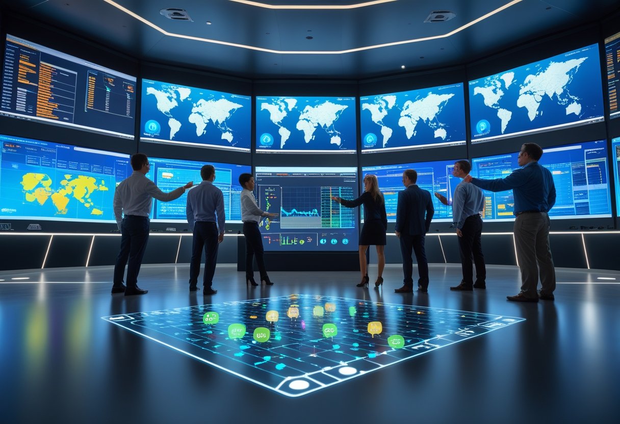 A team of professionals in a control room monitoring large digital screens showing real-time tracking data and maps.