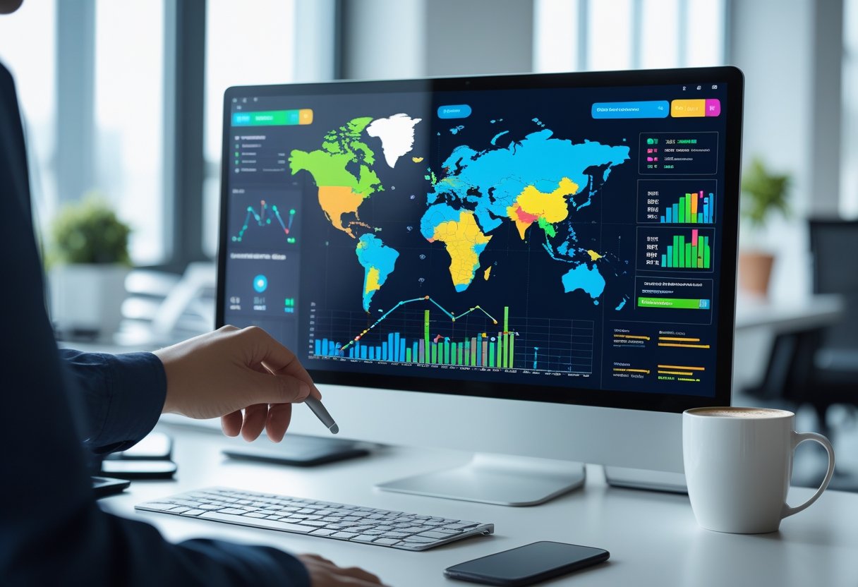 A person interacting with a computer screen showing colorful graphs and a world map for real-time tracking in an office setting.