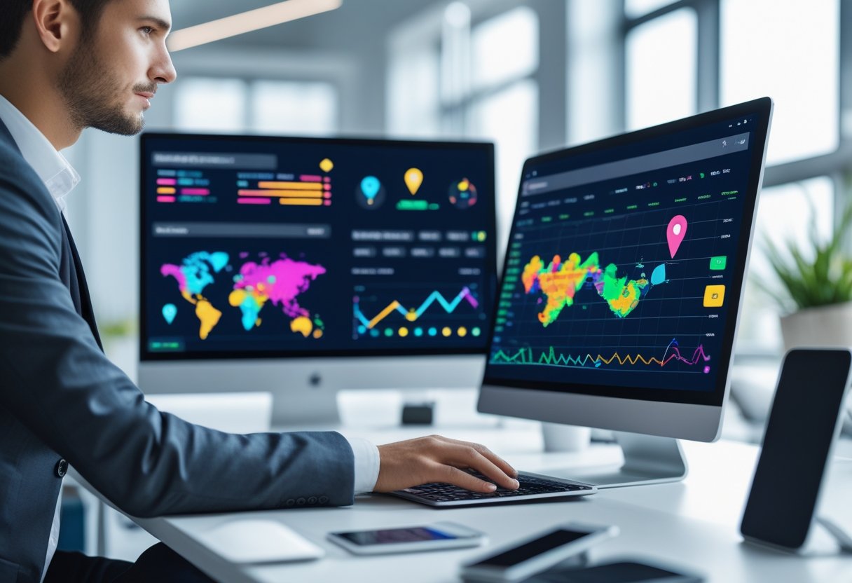 A person working at a desk with a computer screen showing dynamic maps and graphs representing real-time tracking data.