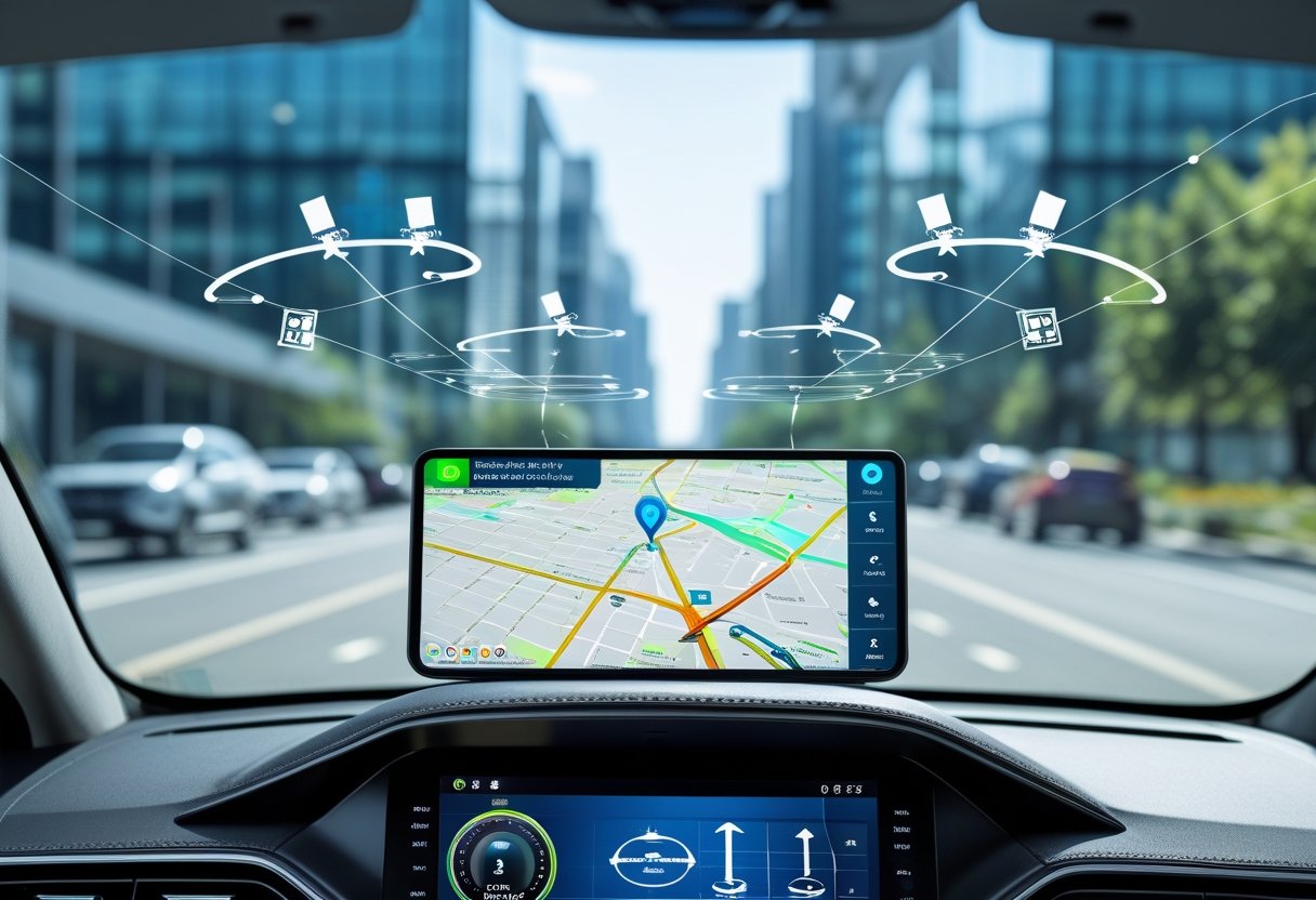 A car dashboard with a GPS navigation screen showing a map and route, with a city street visible outside the windshield and graphical icons representing GPS signals and satellites.
