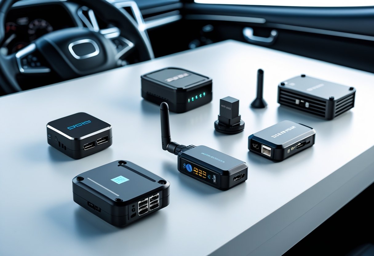 Several different car GPS tracking devices displayed on a white surface with a car dashboard blurred in the background.
