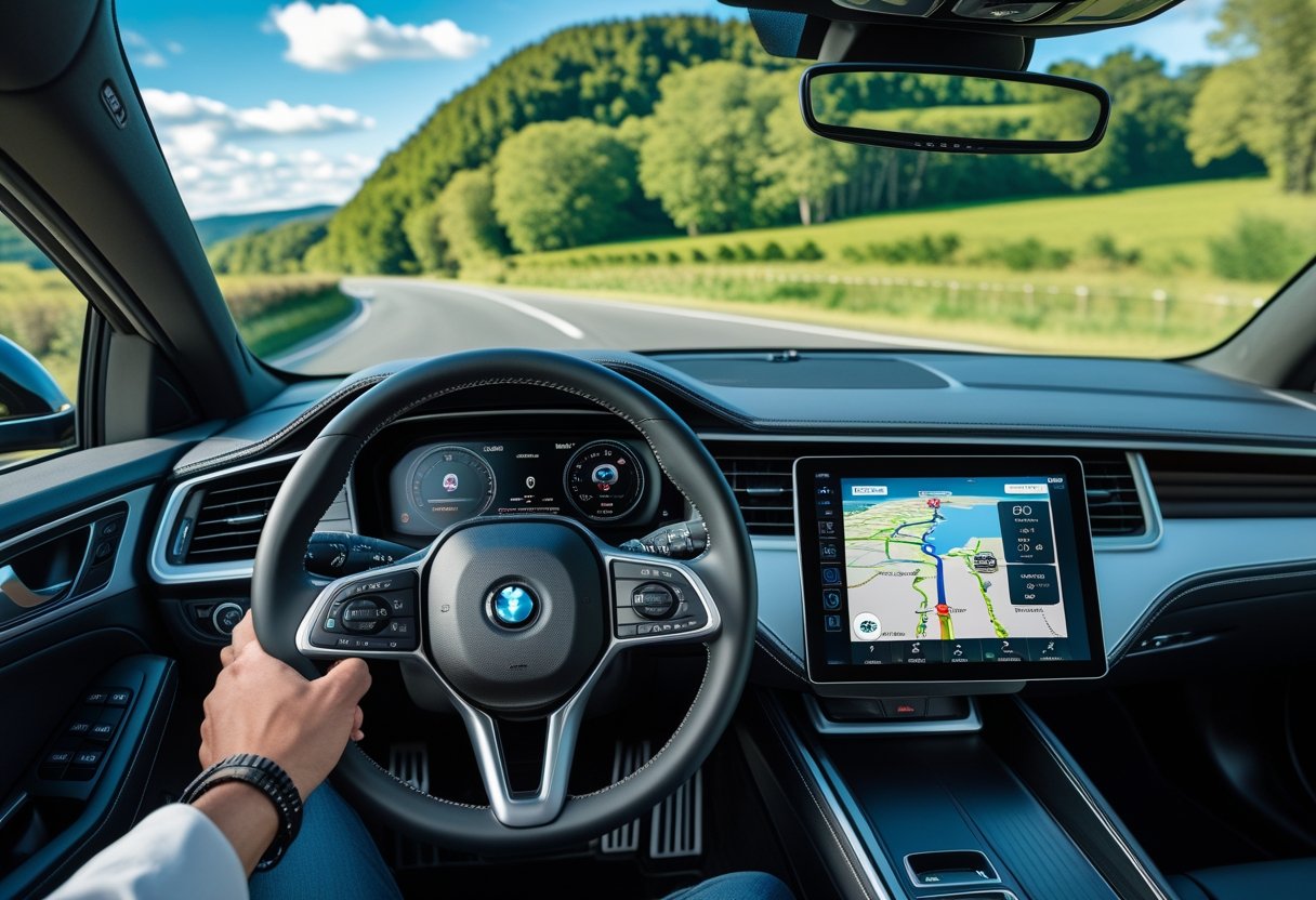 View of a car interior showing a GPS tracking device with a map on the screen while driving on a highway surrounded by trees.