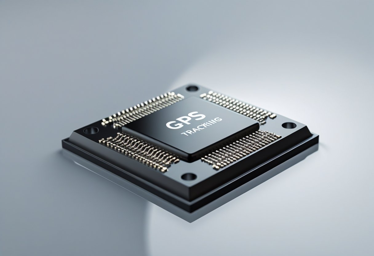 Close-up of a small GPS tracking chip with visible microcircuitry on a reflective surface.