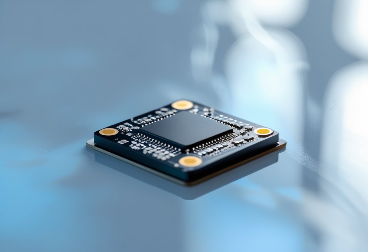 Close-up of a small GPS tracking chip with visible circuits on a reflective surface.