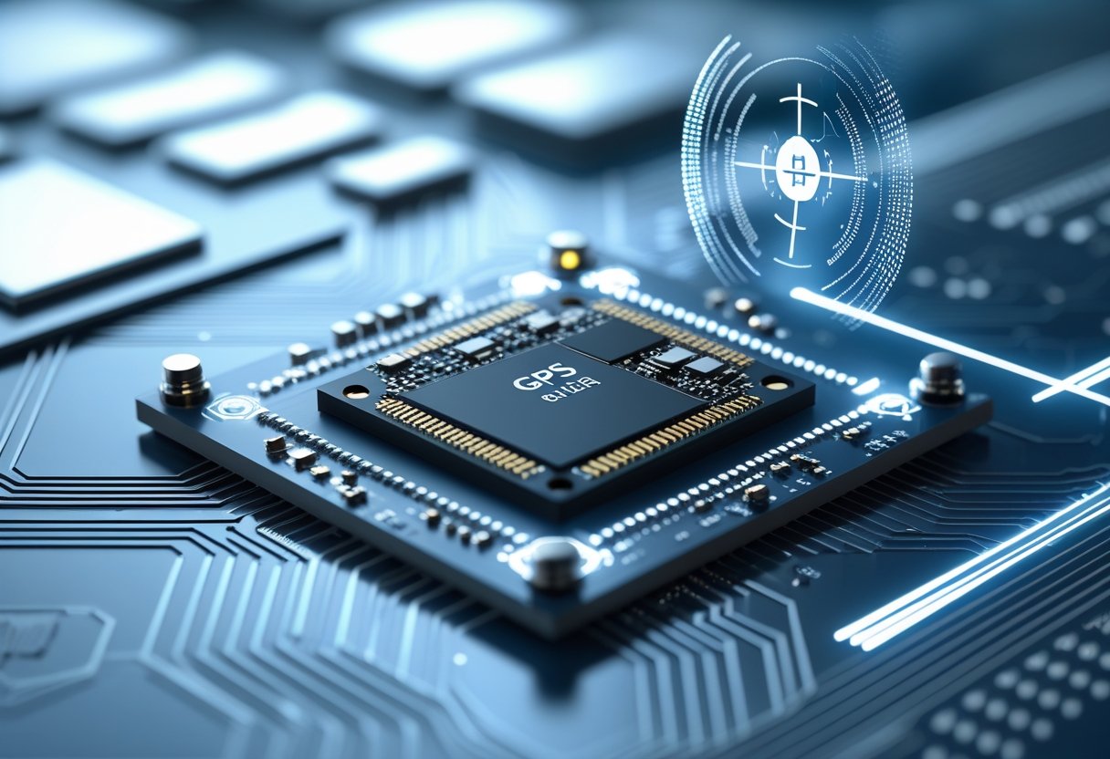 Close-up of a GPS tracking chip on a circuit board with digital lines and satellite signal graphics around it.