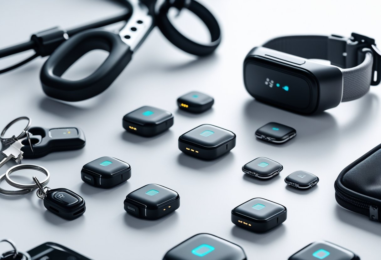 Various small GPS tracking devices arranged with car keys, a bicycle handlebar, a pet collar, and a backpack on a white surface.