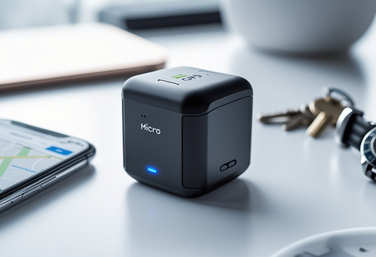 A small black micro GPS tracker on a white surface next to a smartphone showing a map, keys, and a wristwatch.