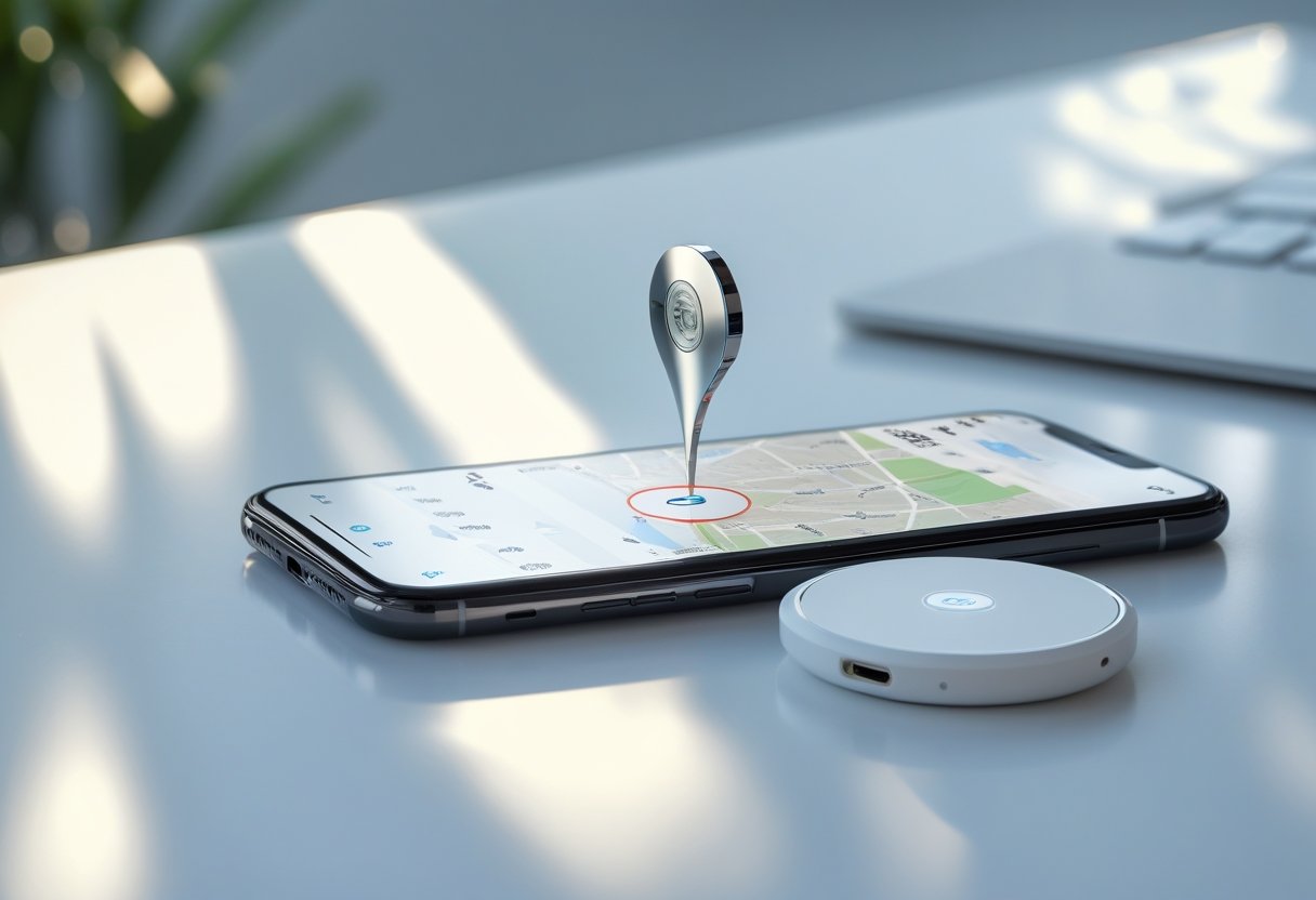 Close-up of a smartphone showing a map with a location pin next to an Apple AirTag on a white desk.