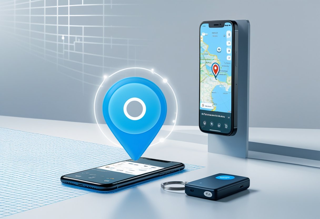 A smartphone showing a map with a location marker next to an AirTag attached to a keychain on a clean surface.