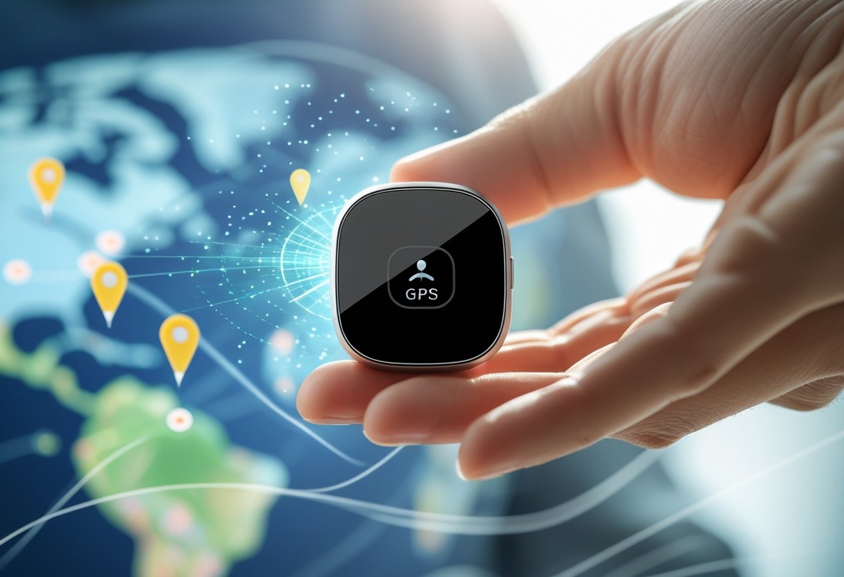 Close-up of a person holding a small mini GPS tracking device with a blurred digital map and location signals in the background.