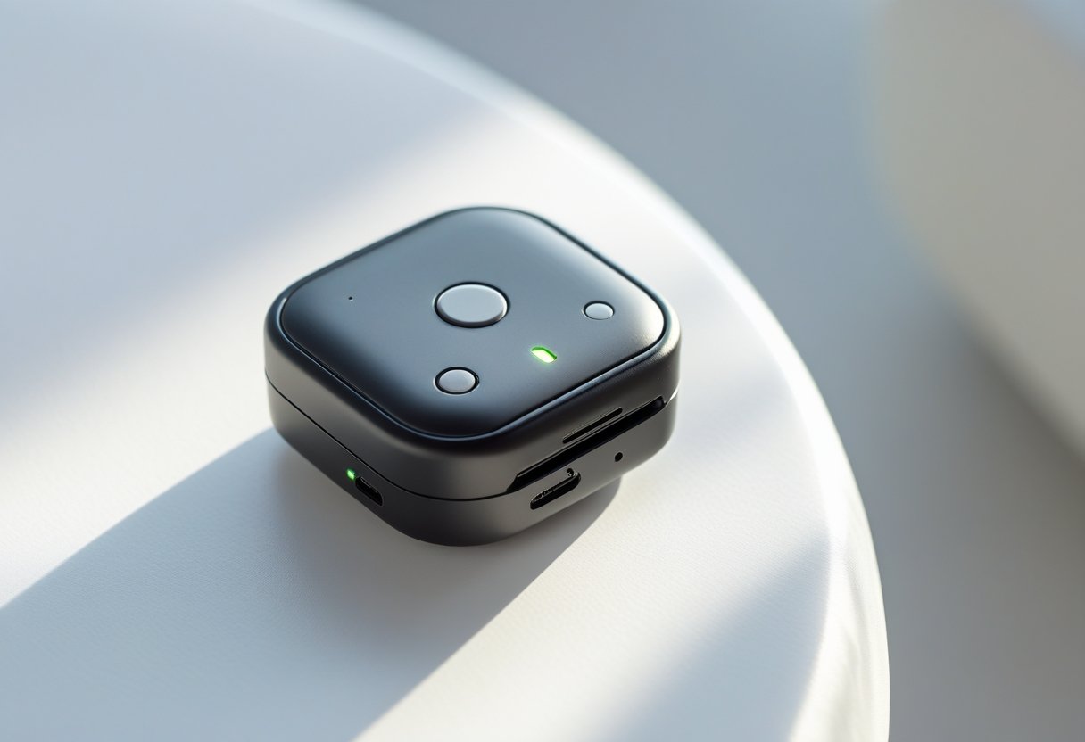 A small, modern mini tracker device resting on a white surface.