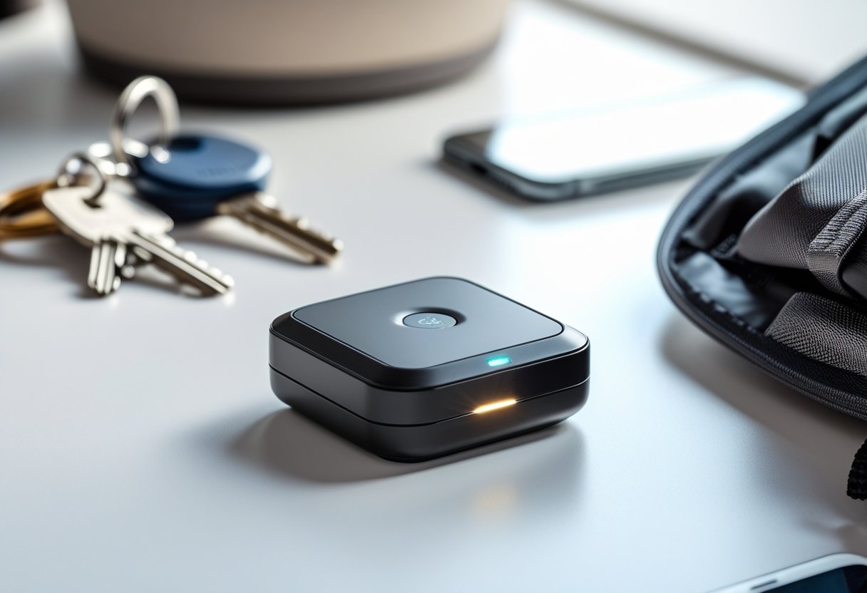 A small, modern mini GPS tracker device placed on a white surface with keys, a smartphone, and a backpack blurred in the background.