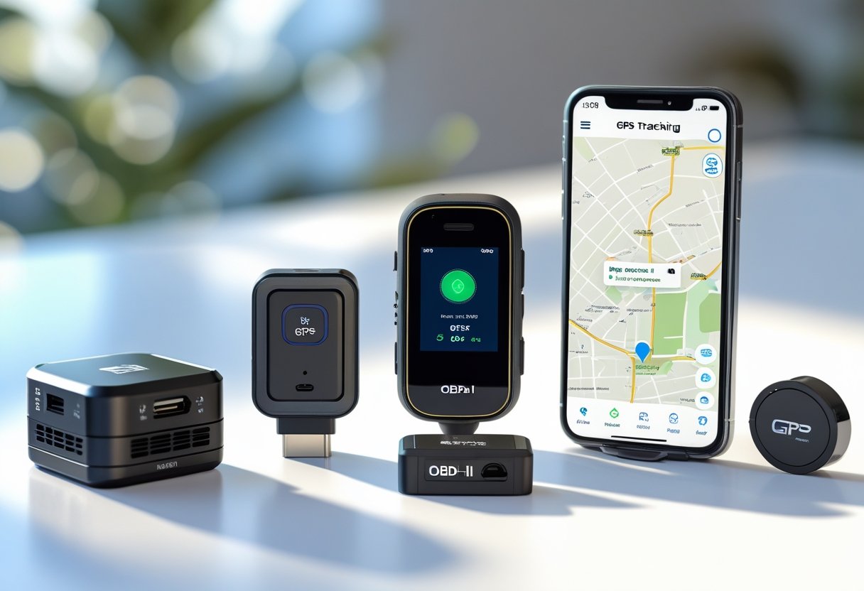 Several different car GPS tracking devices displayed on a white surface alongside a smartphone showing a vehicle location on a map.