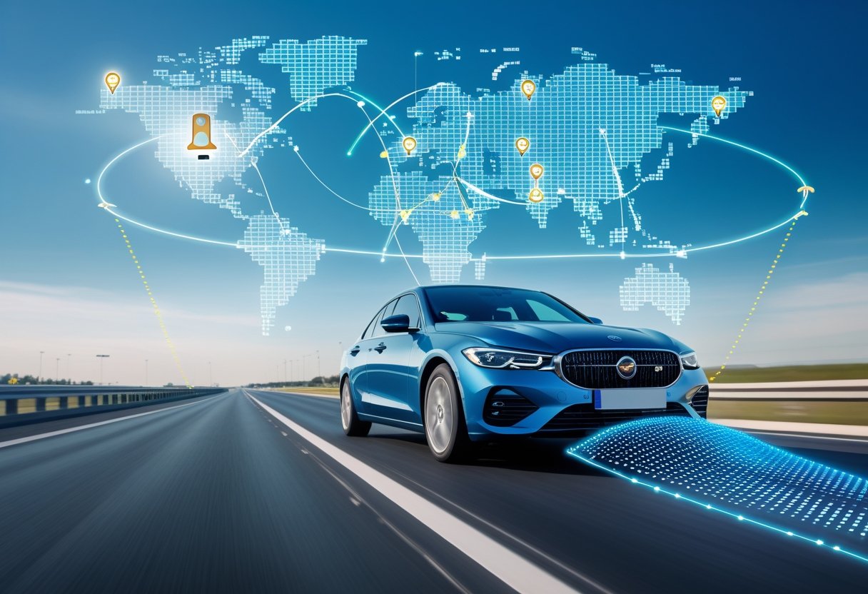 A car driving on a highway with digital overlays showing GPS signals connecting the vehicle to satellites in the sky.