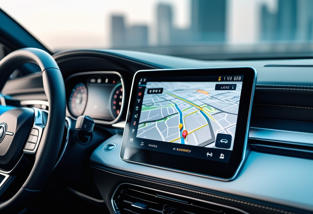 Car dashboard showing a GPS navigation system with a map and route displayed on the screen while driving.