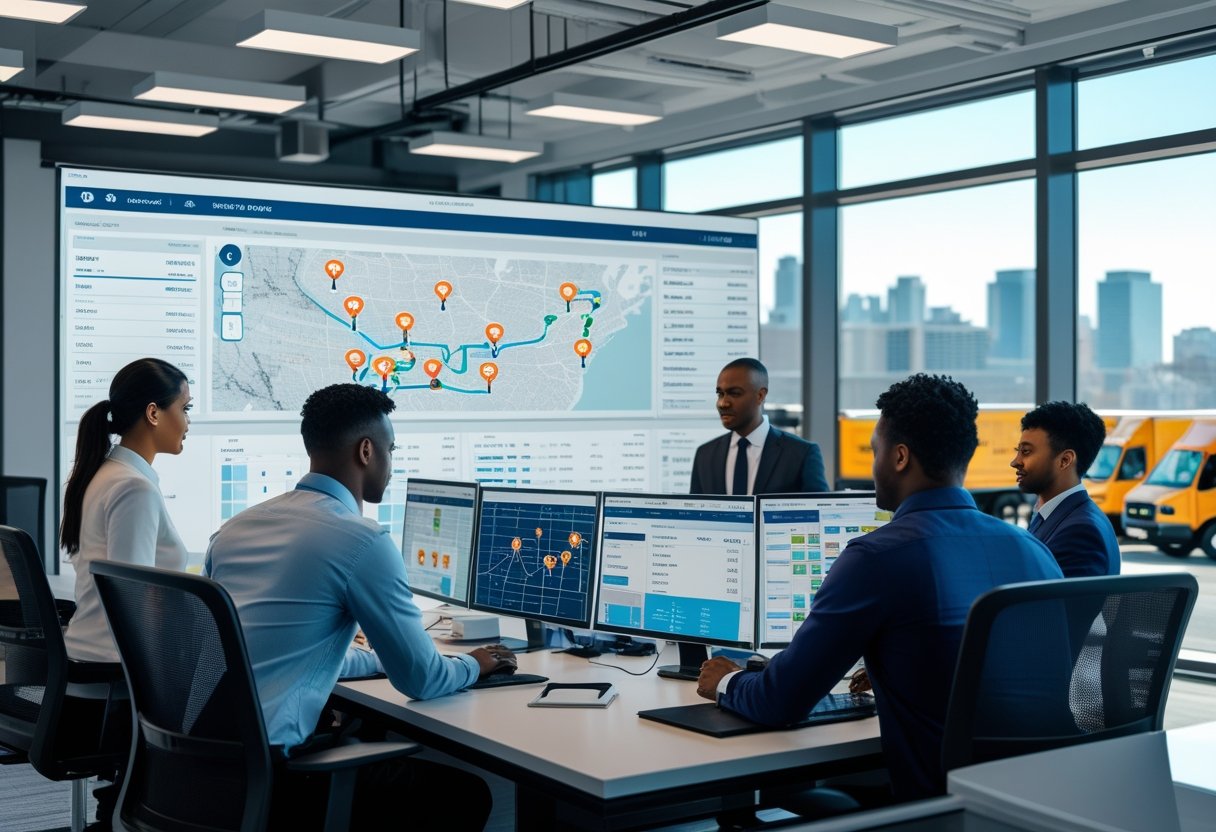 A team of professionals working in a modern office with large screens showing GPS maps and vehicle routes as they manage a fleet of vehicles.