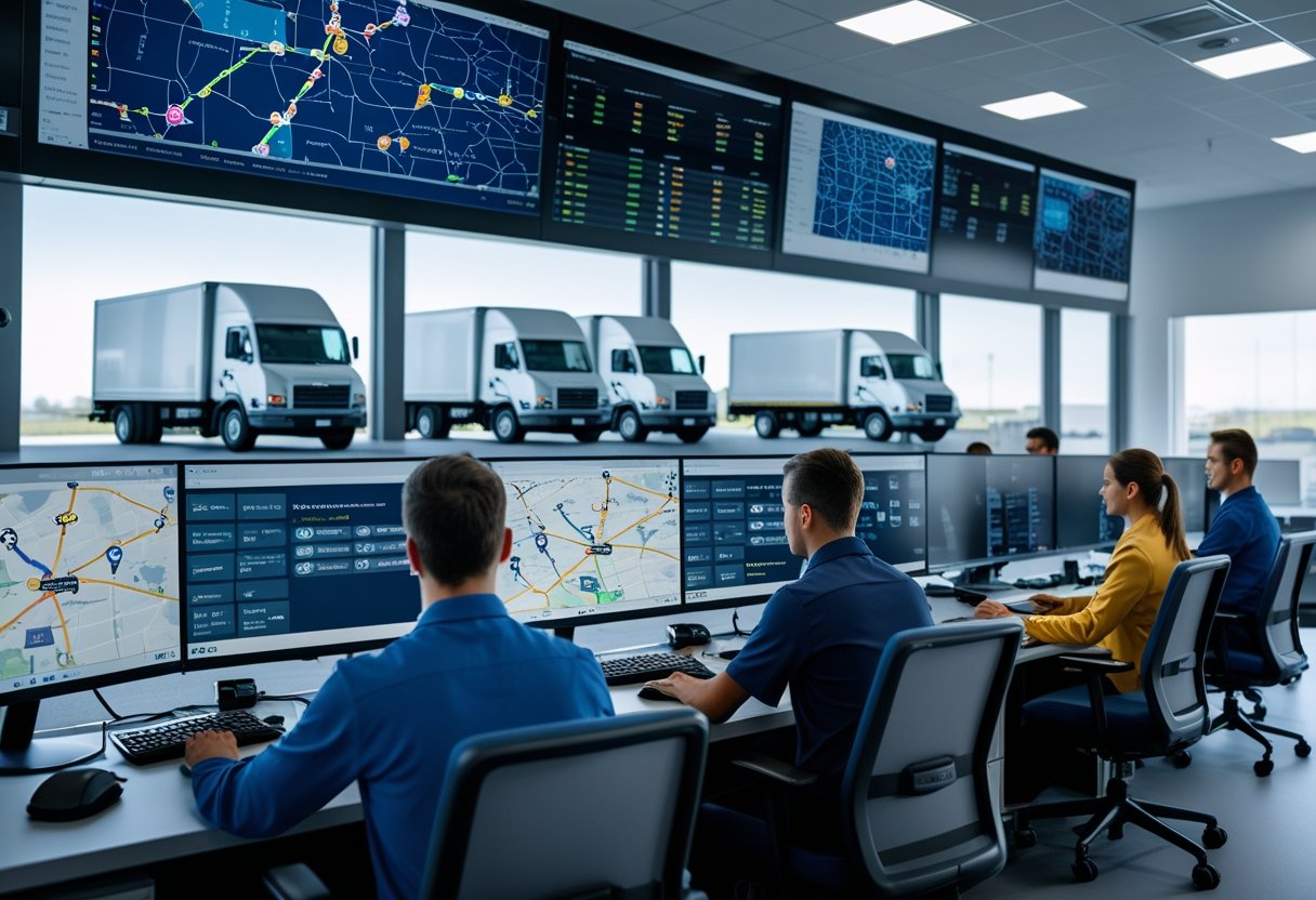 A team of fleet managers monitoring GPS tracking maps and vehicle data on large computer screens in a control room.