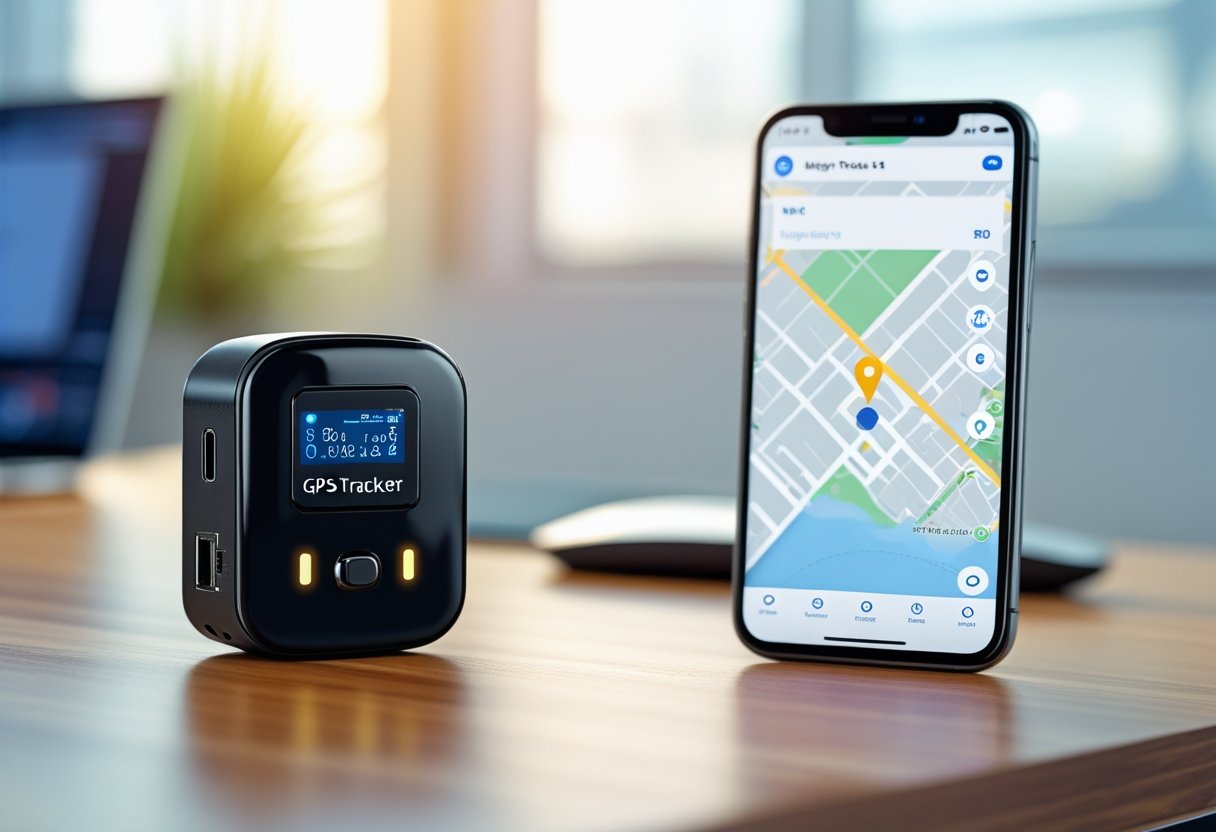 A live GPS tracker device on a desk next to a smartphone showing a map with a moving location pin.