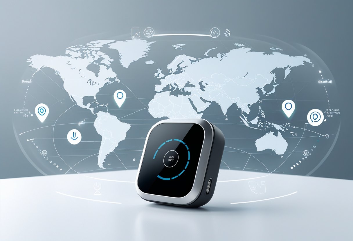 A modern GPS tracking device displayed with digital map and satellite icons showing real-time location tracking.