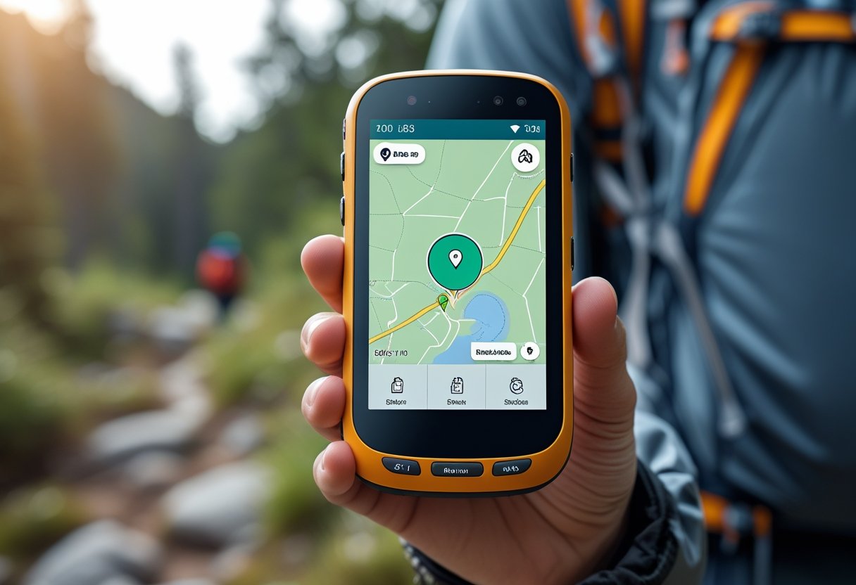 Close-up of a person holding a handheld GPS tracker displaying a live map with a moving location marker outdoors.