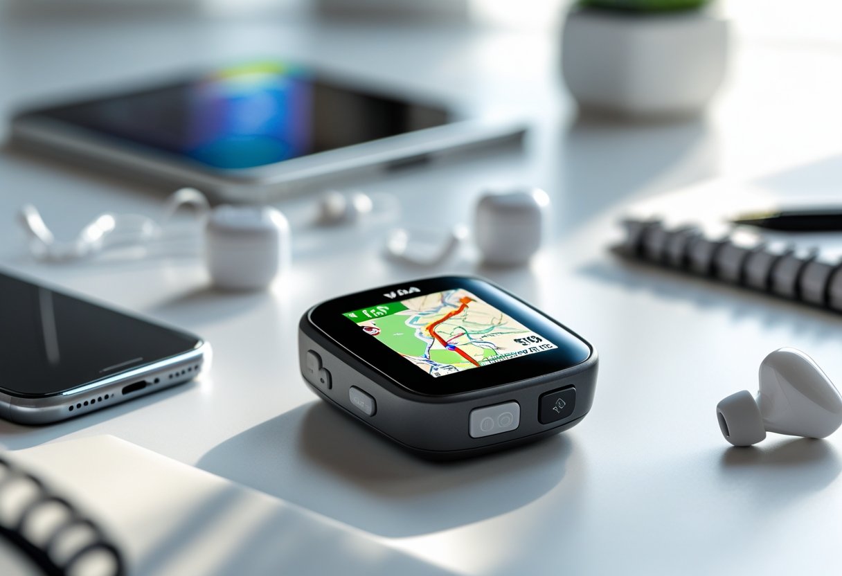 A small handheld GPS device showing a map on its screen placed on a desk with tech accessories around it.