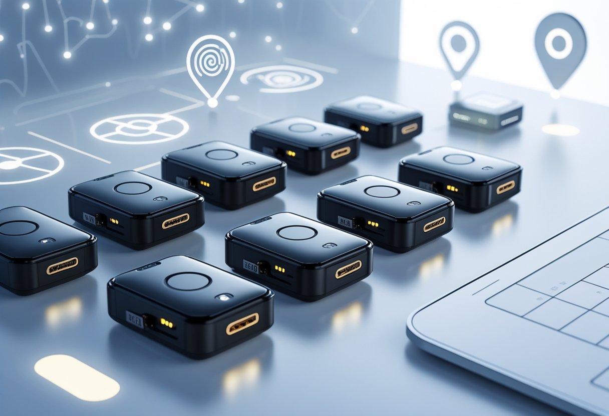 A close-up view of several small GPS tracking devices arranged on a white surface with digital map and location icons in the background.