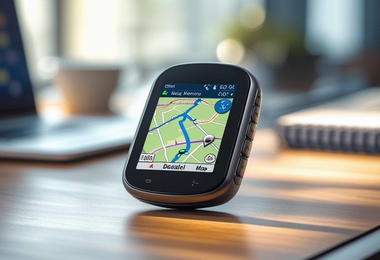 A small mini GPS device on a wooden desk showing a map on its screen with a blurred workspace in the background.