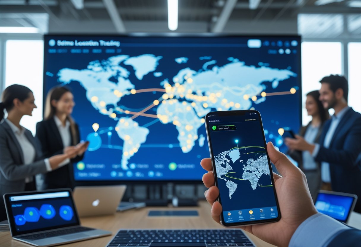 People in an office looking at a large digital map with glowing location markers and a person holding a smartphone showing a live location.