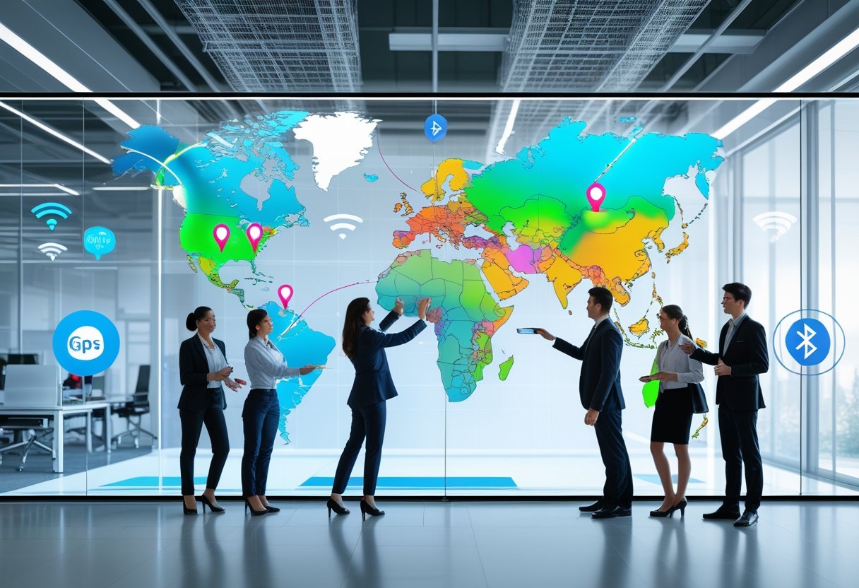 Professionals interacting with a large digital map displaying moving location markers and tracking paths in a modern office.