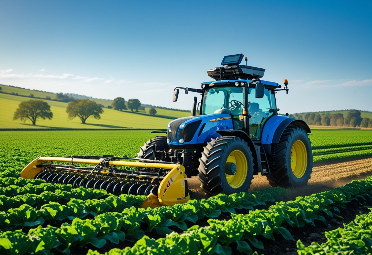 A tractor working in a green field with a GPS tracking device on its roof under a clear blue sky.