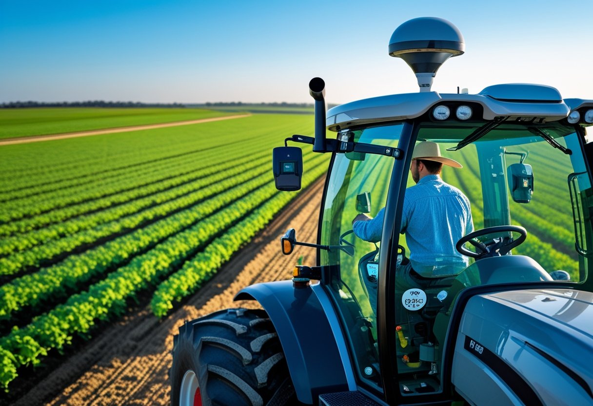 A modern tractor with a GPS device in a green field with crops and a farmer inside the cabin.