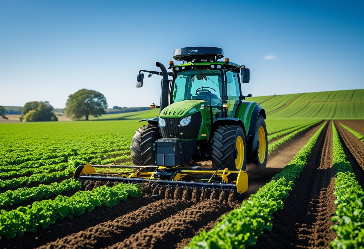 A tractor working in a green agricultural field with a GPS tracking device mounted on top under a clear blue sky.