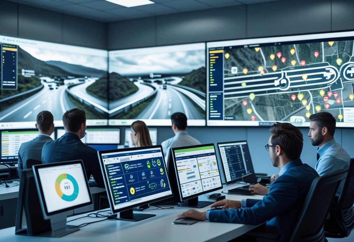 A team of professionals in a control room monitoring real-time vehicle data on multiple large digital screens.