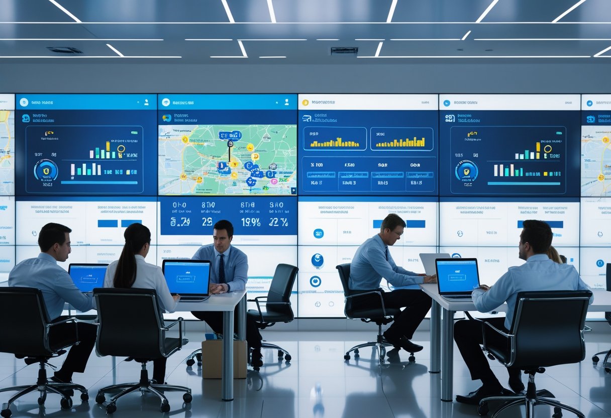 A team of professionals monitoring real-time vehicle data on large digital screens in a modern control room.