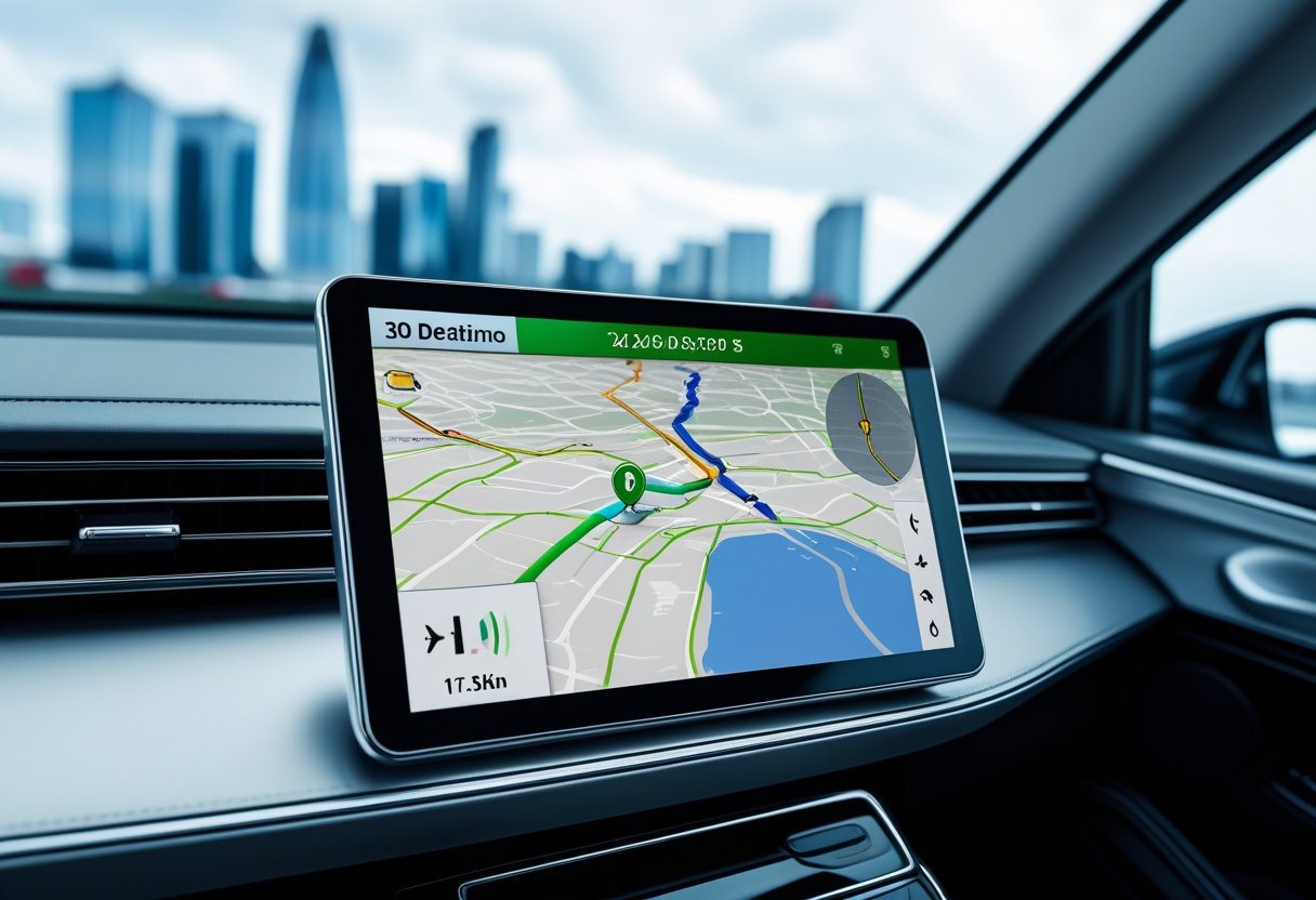 A car dashboard with a GPS tracking system displaying a map and route on a touchscreen.