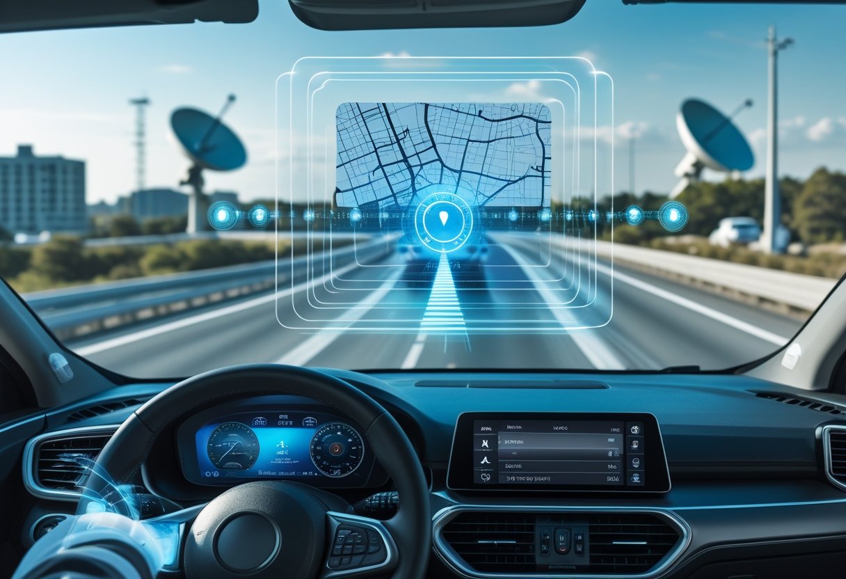 A car driving on a highway with a digital GPS map overlay showing tracking signals and route information, surrounded by symbols representing satellite connectivity.