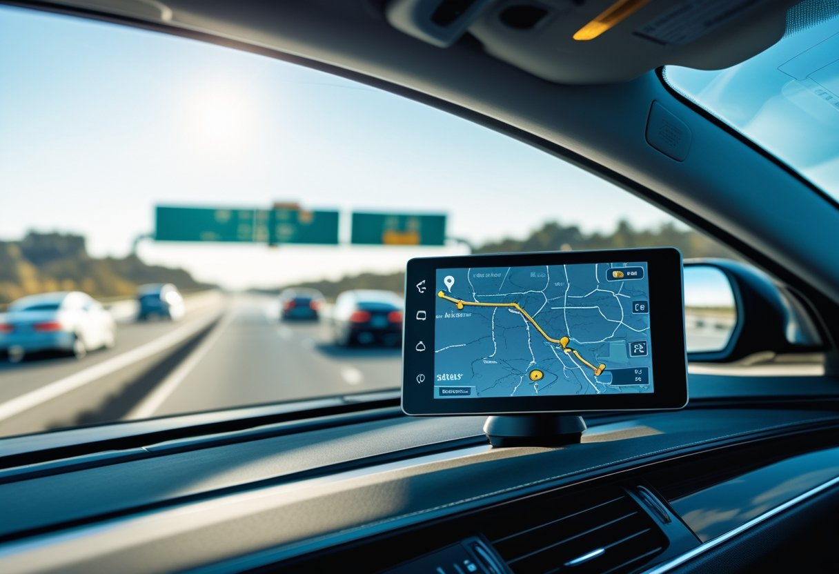 Car dashboard showing a GPS tracking system screen with a digital map and a moving vehicle icon, viewed from inside the car on a highway.