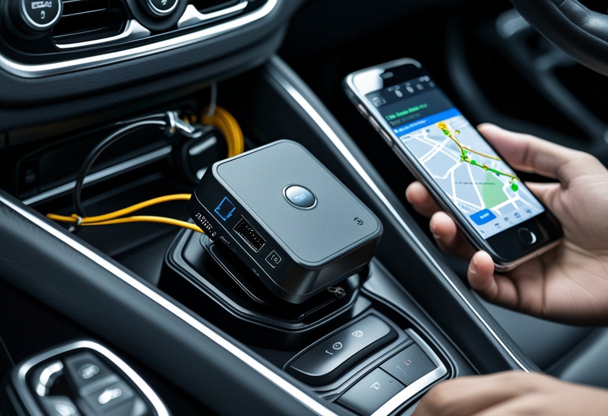 Close-up of a car tracker device installed inside a vehicle with a smartphone showing a tracking map nearby and a mechanic working on the installation.